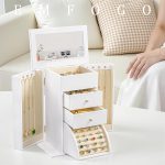 Emfogo Synthetic Leather Jewelry Box Organizer, Large Jewelry Boxes Storage with Mirror Velvet Interior, 4 Tier Jewlery Organizers for Women Girls Dedicated Slots for Ring Necklace (White) - Image 2