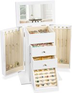 Emfogo Synthetic Leather Jewelry Box Organizer, Large Jewelry Boxes Storage with Mirror Velvet Interior, 4 Tier Jewlery Organizers for Women Girls Dedicated Slots for Ring Necklace (White)