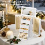 Emfogo Synthetic Leather Jewelry Box Organizer, Large Jewelry Boxes Storage with Mirror Velvet Interior, 4 Tier Jewlery Organizers for Women Girls Dedicated Slots for Ring Necklace (White) - Image 4