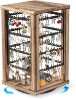 Emfogo Rustic Wooden 360 Degree Rotating Earring Organizer Stand, 4-Tier Jewelry Display Holder for Stud Earrings, Hoop Earrings and Necklaces, Perfect Gift for Women