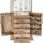 Emfogo Wooden Jewelry Box for Women, 6-Tier Large Jewelry Organizer Boxes with Mirror Rustic Solid Wood jewlery Storage Display for Rings Earrings Necklaces Bracelets watches(Carbonized Brown)