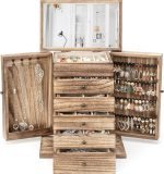 Emfogo Wooden Jewelry Box for Women, 6-Tier Large Jewelry Organizer Boxes with Mirror Rustic Solid Wood jewlery Storage Display for Rings Earrings Necklaces Bracelets watches(Carbonized Brown)
