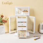 Emfogo Synthetic Leather Jewelry Box Organizer, Large Jewelry Boxes Storage with Mirror Velvet Interior, 4 Tier Jewlery Organizers for Women Girls Dedicated Slots for Ring Necklace (White) - Image 5